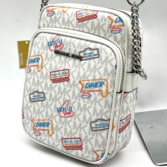 Michael Kors Jet Set Medium Printed Signature Logo Crossbody Bag Optic White